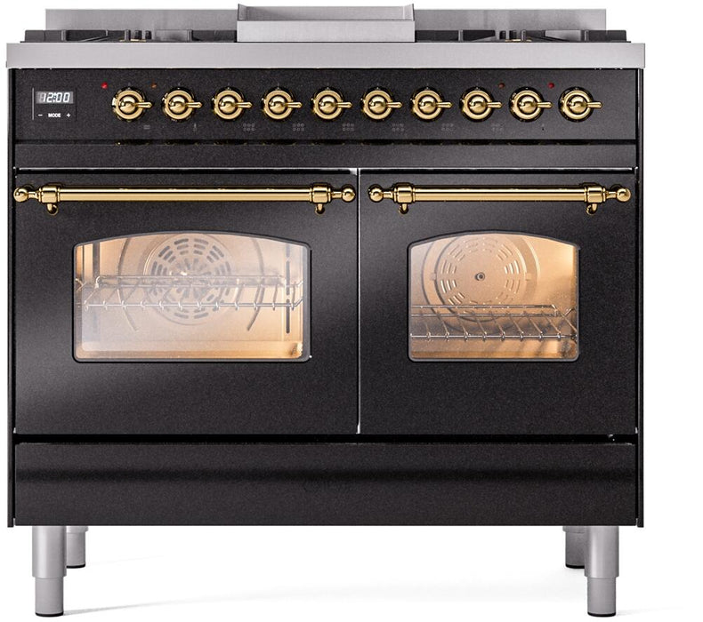 ILVE Nostalgie II 40" Dual Fuel Liquid Propane Range, Glossy Black, Brass Trim UPD40FNMPBKGLP