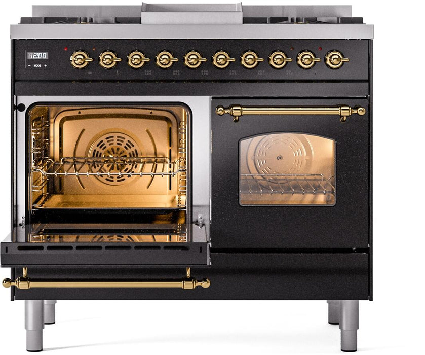ILVE Nostalgie II 40" Dual Fuel Liquid Propane Range, Glossy Black, Brass Trim UPD40FNMPBKGLP