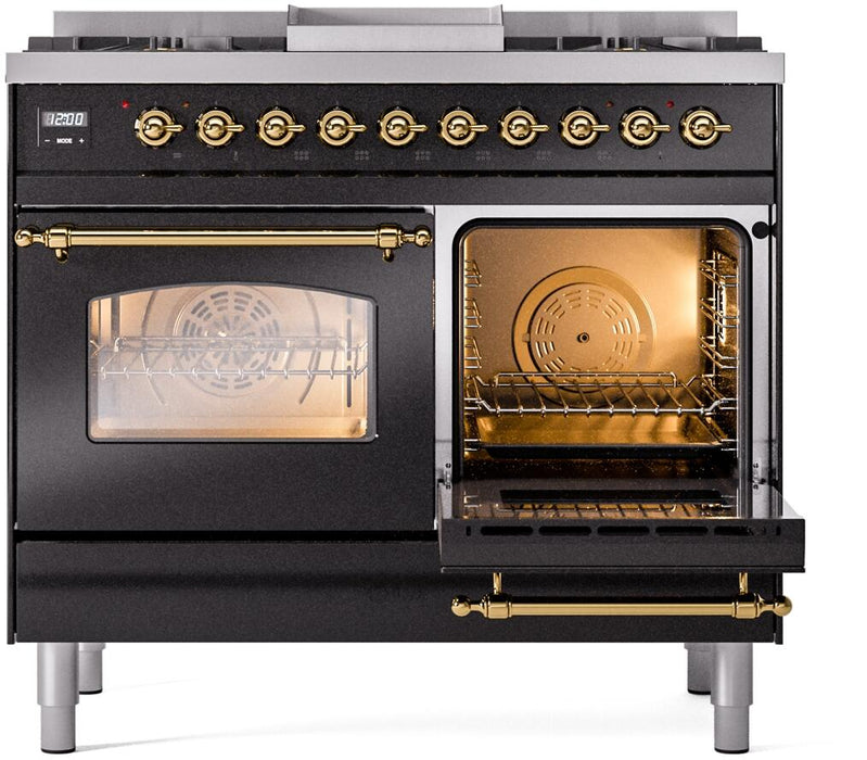 ILVE Nostalgie II 40" Dual Fuel Liquid Propane Range, Glossy Black, Brass Trim UPD40FNMPBKGLP