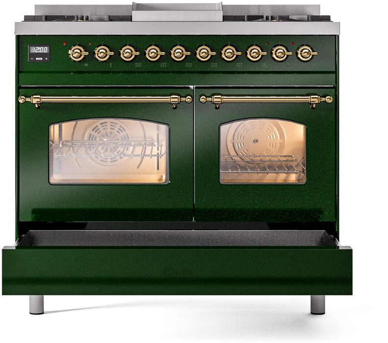 ILVE Nostalgie II 40" Dual Fuel Liquid Propane Range, Emerald Green, Brass Trim UPD40FNMPEGGLP