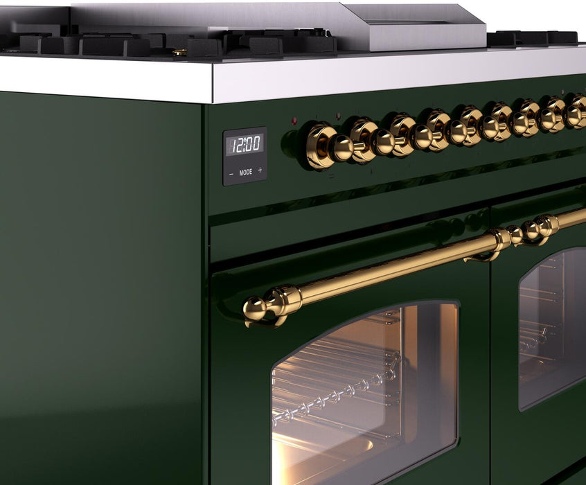 ILVE Nostalgie II 40" Dual Fuel Liquid Propane Range, Emerald Green, Brass Trim UPD40FNMPEGGLP