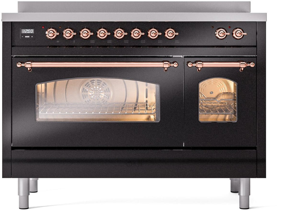 ILVE Nostalgie II 48" Electric Range, Glossy Black, Copper Trim UPI486NMPBKP