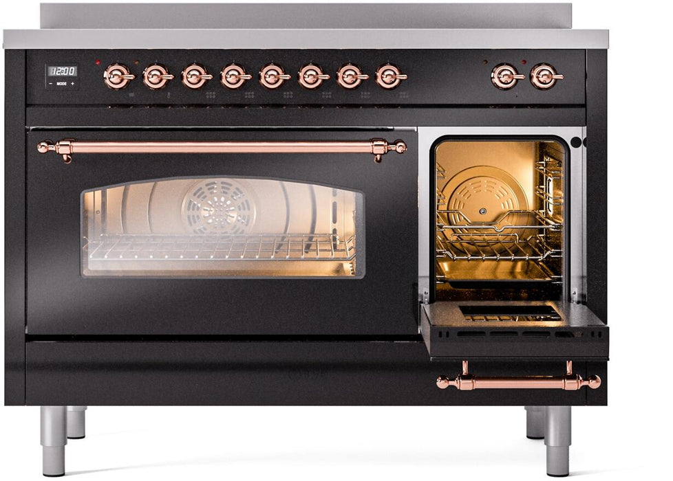 ILVE Nostalgie II 48" Electric Range, Glossy Black, Copper Trim UPI486NMPBKP