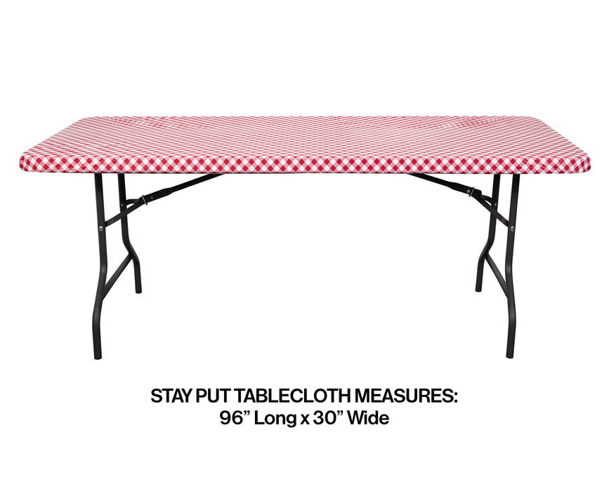 Bulk Red and White Gingham 30" x 96" Rectangular Stay Put Plastic tablecover (12 per Case)