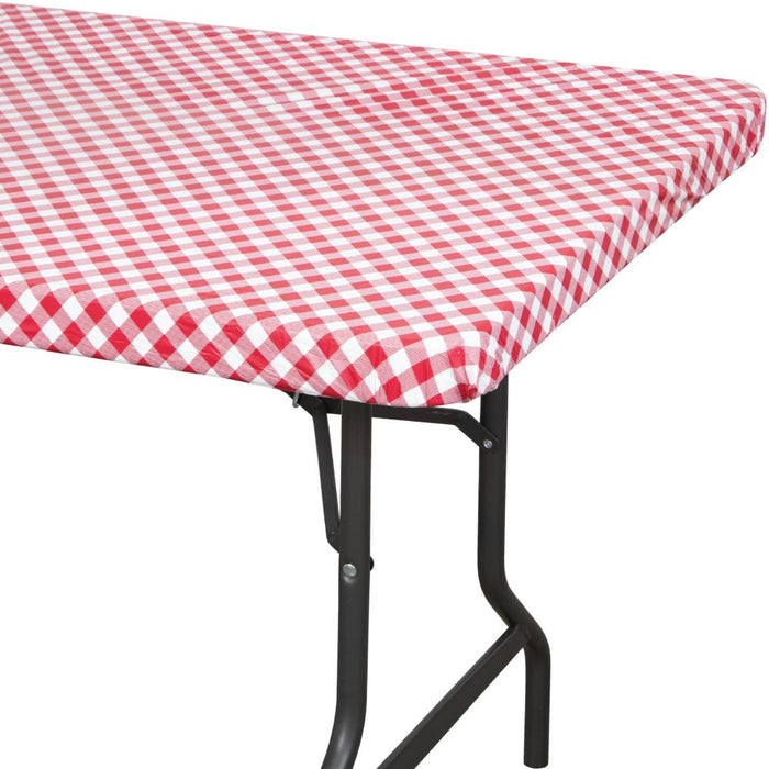 Bulk Red and White Gingham 30" x 96" Rectangular Stay Put Plastic tablecover (12 per Case)