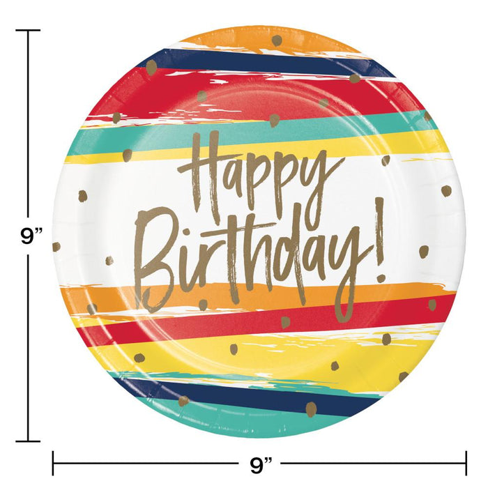 Bulk Happy Birthday Stripes Paper Dinner Plates (96 per Case)