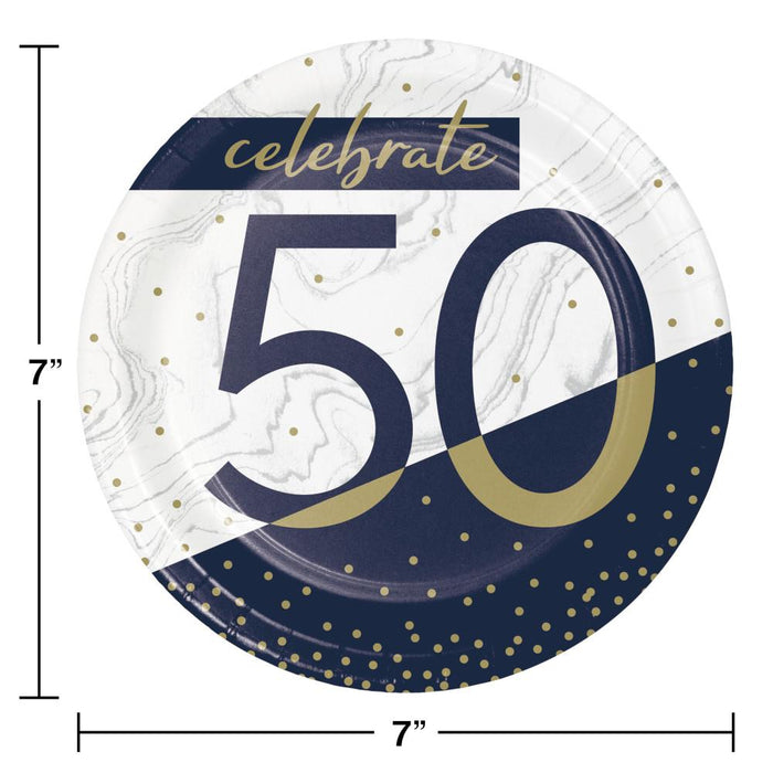 Bulk Navy and Gold 50th Birthday Paper Dessert Plates (96 per Case)