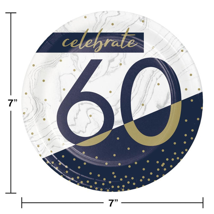 Bulk Navy and Gold 60th Birthday Paper Dessert Plates (96 per Case)