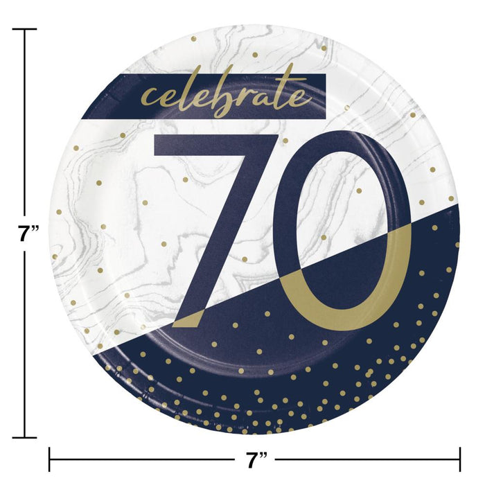 Bulk Navy and Gold 70th Birthday Paper Dessert Plates (96 per Case)