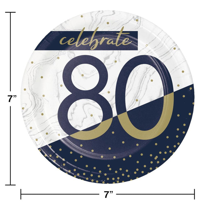 Bulk Navy and Gold 80th Birthday Paper Dessert Plates (96 per Case)