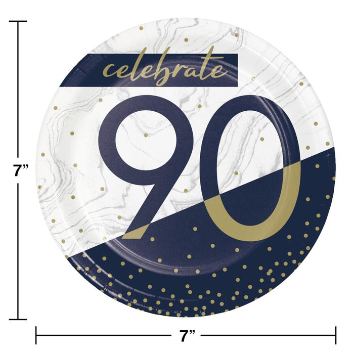 Bulk Navy and Gold 90th Birthday Paper Dessert Plates (96 per Case)