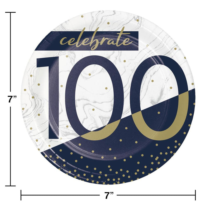 Bulk Navy and Gold 100th Birthday Paper Dessert Plates (96 per Case)