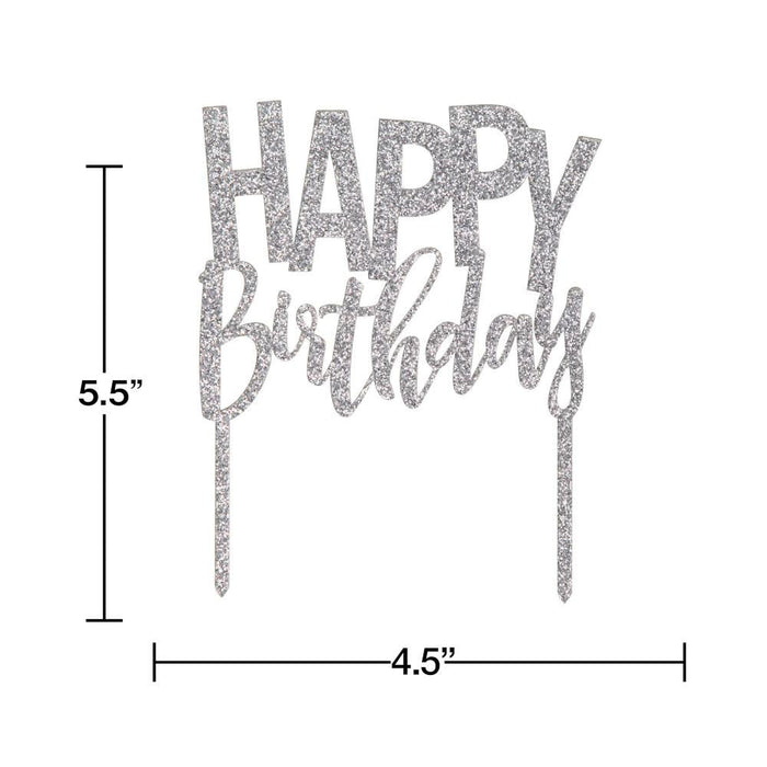 Bulk Silver Happy Birthday Cake Toppers (12 per Case)