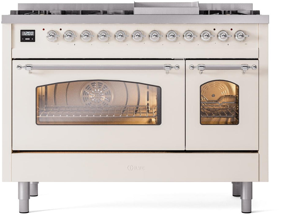 ILVE Nostalgie II 48" Dual Fuel Natural Gas Range, Antique White, Chrome Trim UP48FNMPAWC