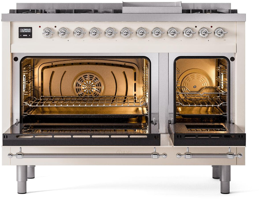 ILVE Nostalgie II 48" Dual Fuel Natural Gas Range, Antique White, Chrome Trim UP48FNMPAWC
