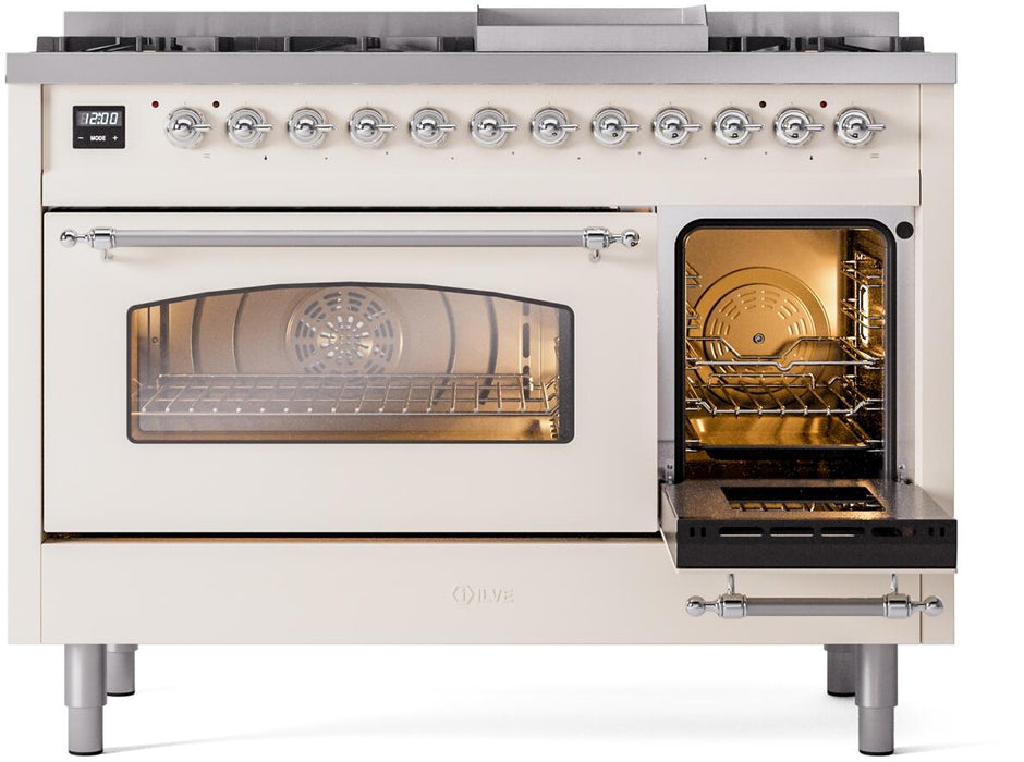 ILVE Nostalgie II 48" Dual Fuel Natural Gas Range, Antique White, Chrome Trim UP48FNMPAWC