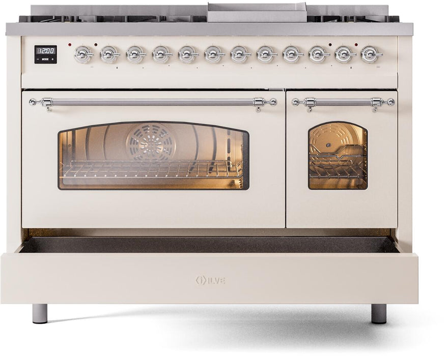 ILVE Nostalgie II 48" Dual Fuel Natural Gas Range, Antique White, Chrome Trim UP48FNMPAWC