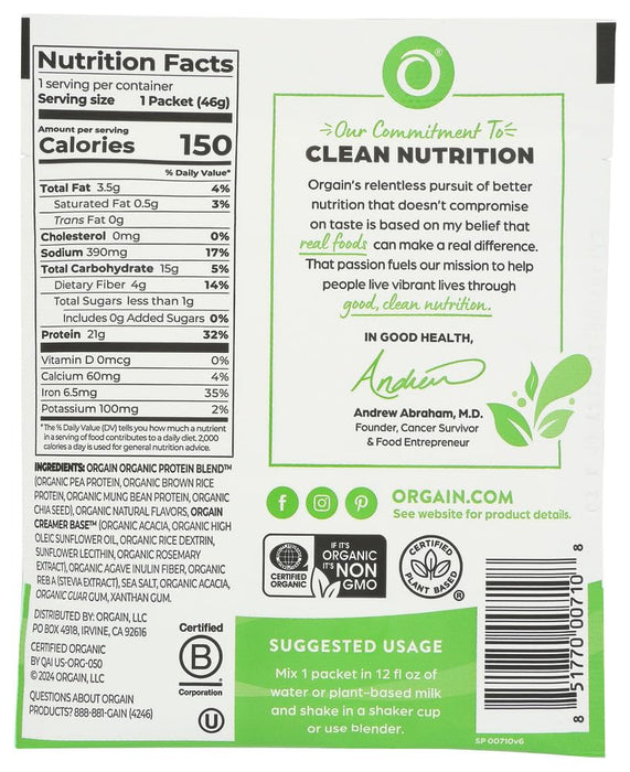 Orgain Organic Vegan Vanilla Bean Plant Protein Powder Packets, Case of 10, 1.62 Ounce