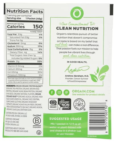 Orgain Organic Vegan Vanilla Bean Plant Protein Powder Packets, Case of 10, 1.62 Ounce