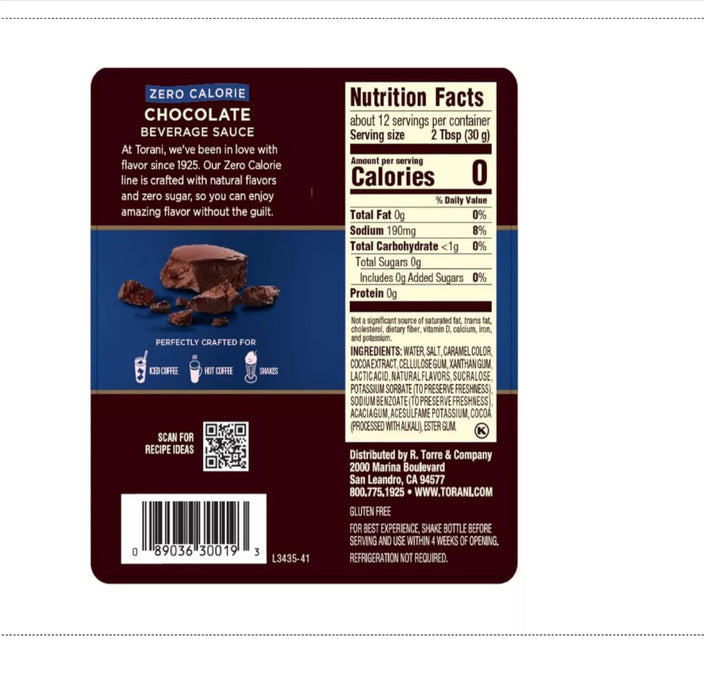 Torani Zero Calorie Chocolate Beverage Sauce, Case of 4, 12.8 fl oz