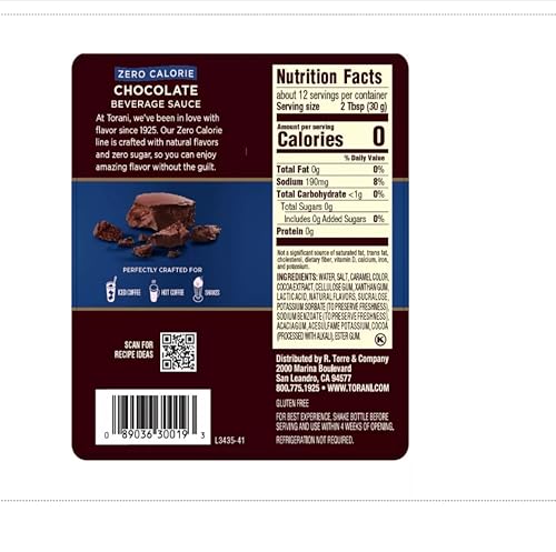 Torani Zero Calorie Chocolate Beverage Sauce, Case of 4, 12.8 fl oz