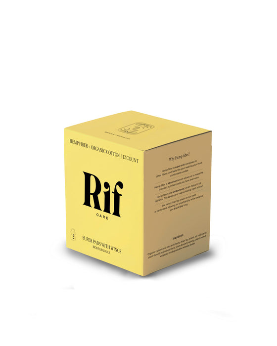 Rif Care Organic Super Hemp Fiber Menstrual Pads with Wings, 12 Count