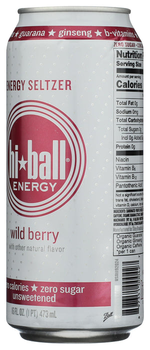 Hiball Wild Berry Zero Sugar Caffeinated Seltzer Water Energy Drink, Case of 12, 16 fl oz Cans