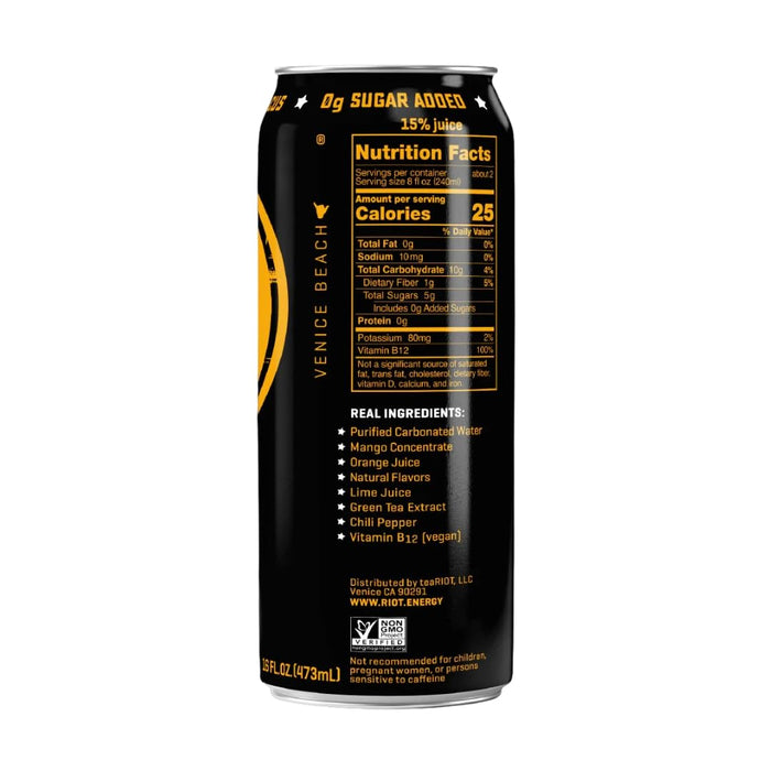 Riot Energy Mango Energy Drink, Case of 12, 16 Fluid Ounce Cans