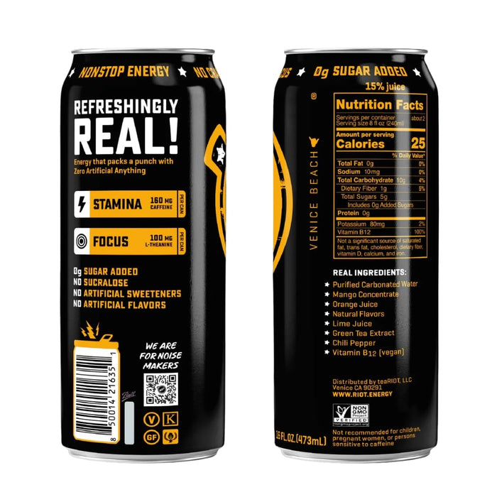 Riot Energy Mango Energy Drink, Case of 12, 16 Fluid Ounce Cans