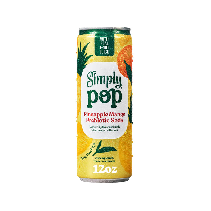 Simply Pop Pineapple Mango Prebiotic Soda, Case of 12, 12 fl oz Cans