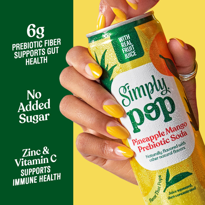 Simply Pop Pineapple Mango Prebiotic Soda, Case of 12, 12 fl oz Cans