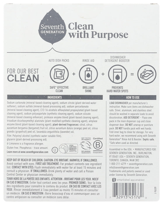 Seventh Generation Power+ Fresh Citrus Dishwasher Detergent Packs, Case of 6, 15 Count Packs