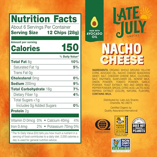 Late July Organic Nacho Cheese Tortilla Chips, 6 Ounce, Case of 12