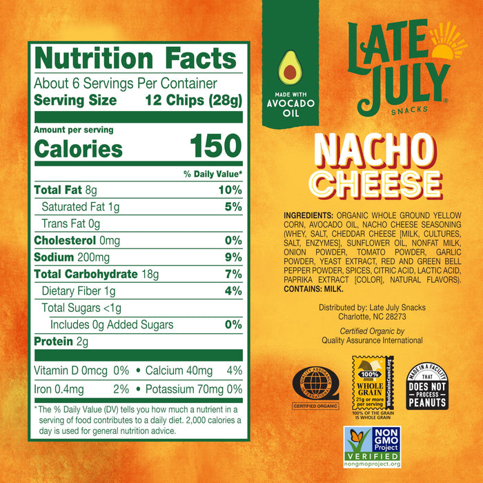 Late July Organic Nacho Cheese Tortilla Chips, 6 Ounce, Case of 12