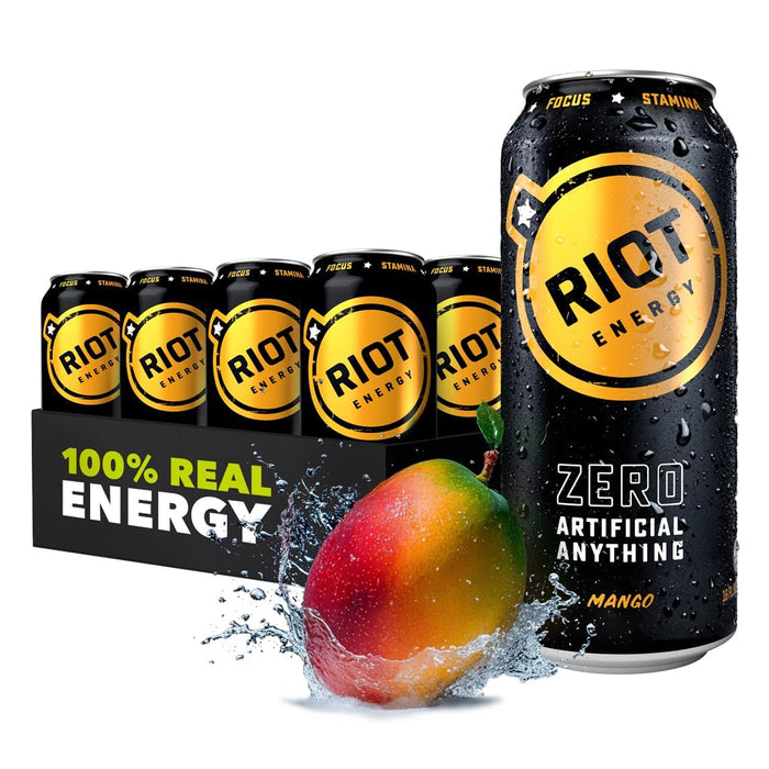 Riot Energy Mango Energy Drink, Case of 12, 16 Fluid Ounce Cans