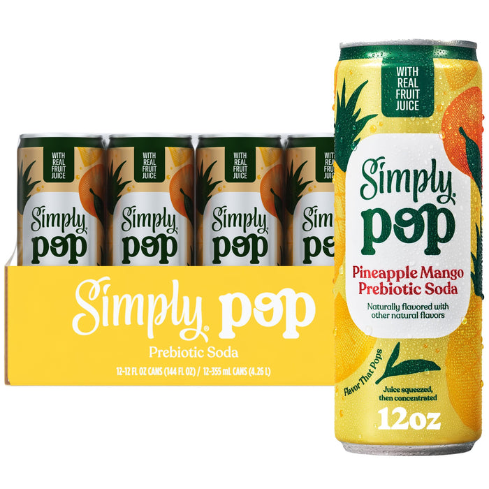 Simply Pop Pineapple Mango Prebiotic Soda, Case of 12, 12 fl oz Cans