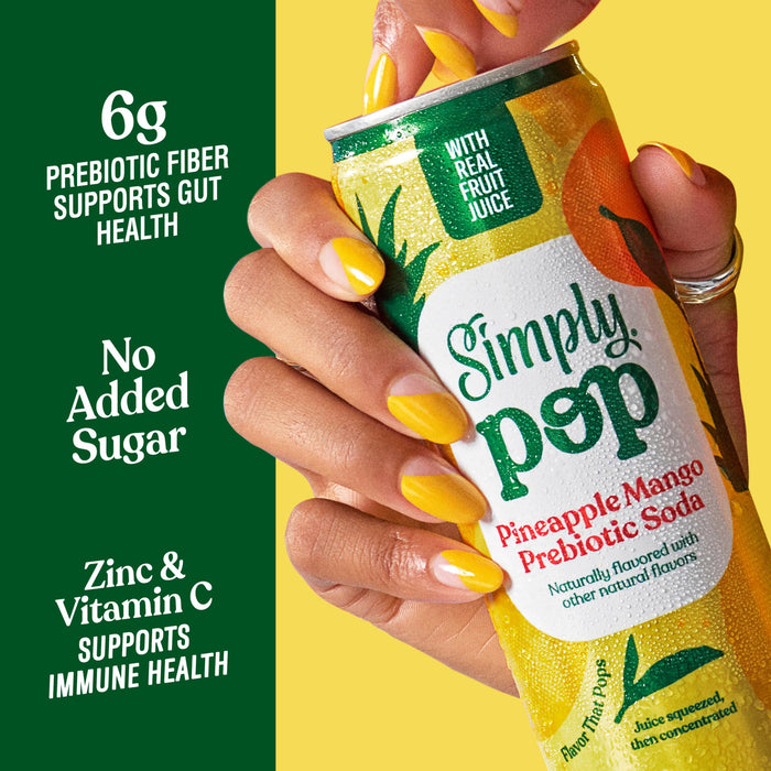 Simply Pop Pineapple Mango Prebiotic Soda, Case of 12, 12 fl oz Cans