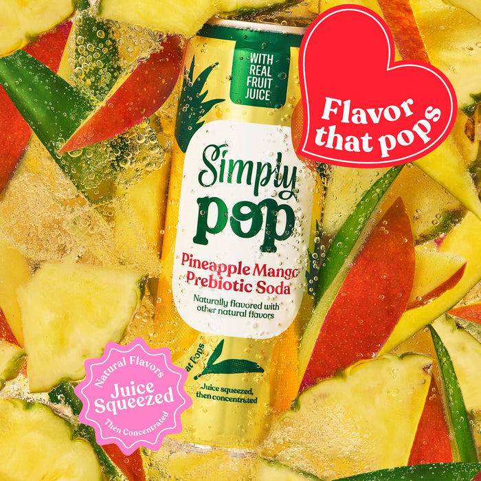 Simply Pop Pineapple Mango Prebiotic Soda, Case of 12, 12 fl oz Cans