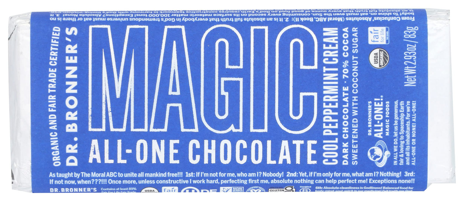 Dr. Bronner's Magic Chocolate Organic Dark Chocolate Peppermint Cream Bar, Case of 12, 2.93 Ounce Bars