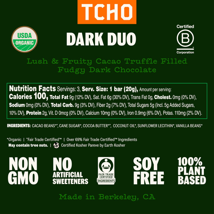 TCHO Organic Dark Duo Chocolate Bar, Case of 10, 2.1 Ounce Bars