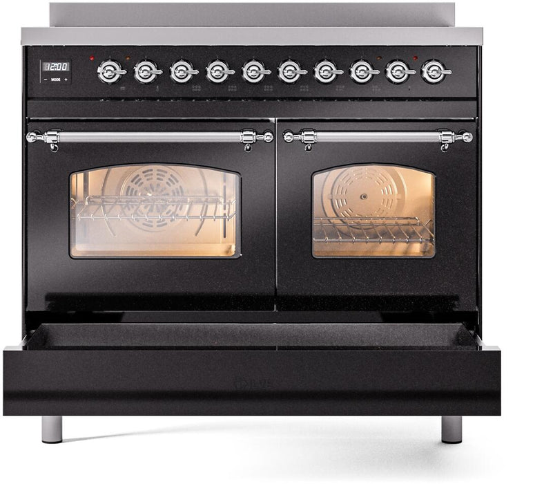 ILVE Nostalgie II 40" Electric Range, Glossy Black, Chrome Trim UPDI406NMPBKC