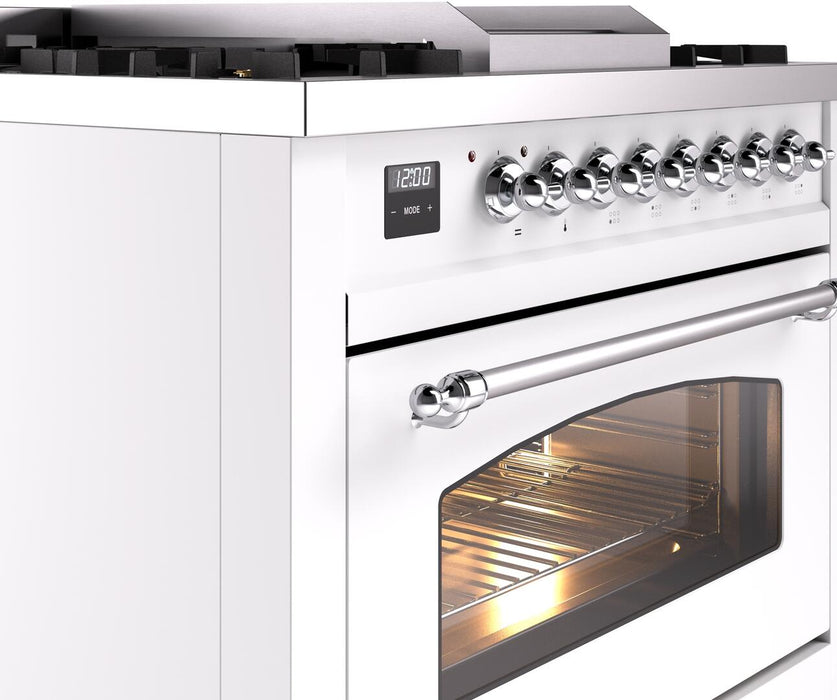 ILVE Nostalgie II 36" Dual Fuel Liquid Propane Range, White, Chrome Trim UP36FNMPWHCLP