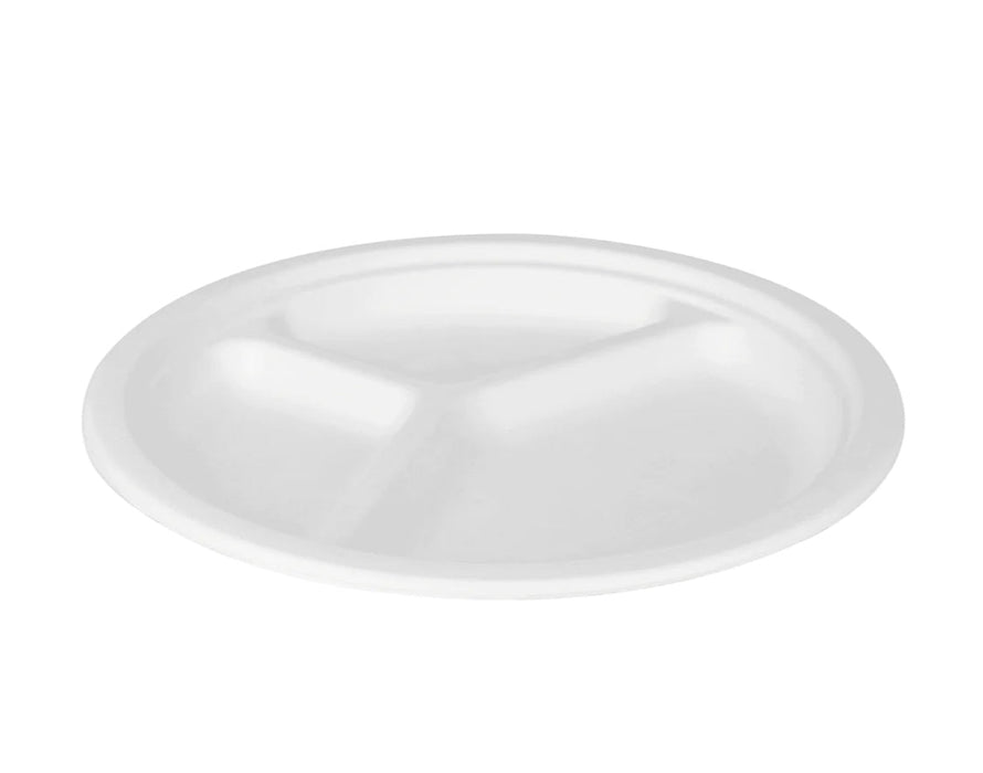 10'' PFAS Free Compostable Bagasse Round Plates, White, 3 Compartments - 500 pcs