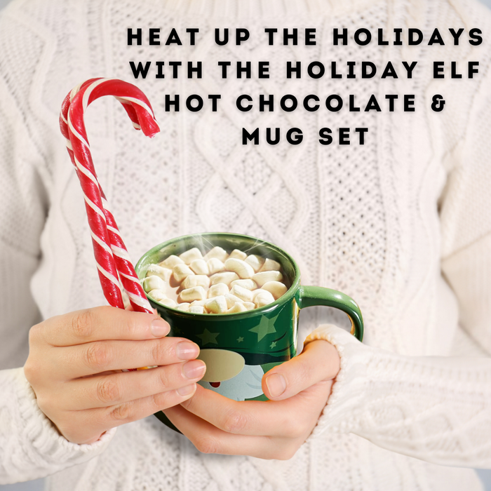 Mug With Hot Cocoa Mix & Marshmallows - Delicious Double Hot Chocolate Mix Filled with Marshmallow - Kids Fun Gift Holiday Santa Elves Christmas, Ceramic Childrens Eggnog Festive Gifts, Green Elf Mug