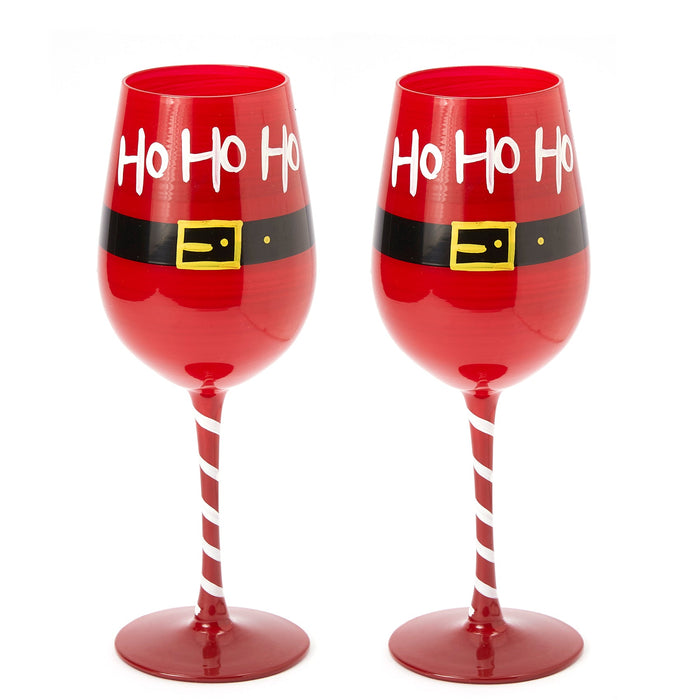 Ho Ho Ho Santa's Christmas Stemmed Wine & Water Glasses - Set of 2 - HoHoHo, Red & Black, 9" H - Holiday Parties Glassware - Xmas Tree - Set of 2, 17.5oz - Merry Christmas Santa Festive Glass