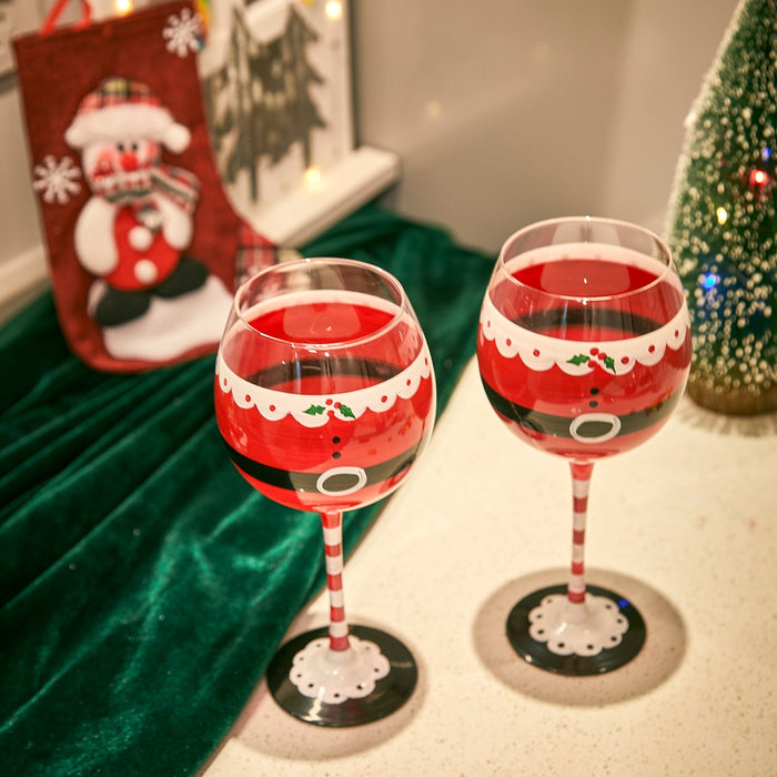 Santa's Elf Stemmed Wine & Water Glasses - Set of 2 - Shining Red & Black, 9" H - Christmas & Holiday Parties Glassware - Xmas Tree - Set of 2, 17.5oz - Santa Festive Glass - Great Gift!