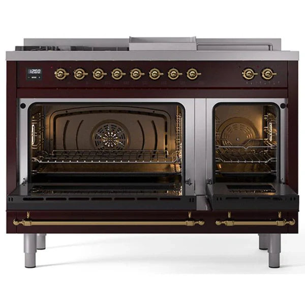 ILVE Nostalgie II 48"  Dual Fuel Natural Gas Range Burgundy Brass Trim UP48FSNMPBUG