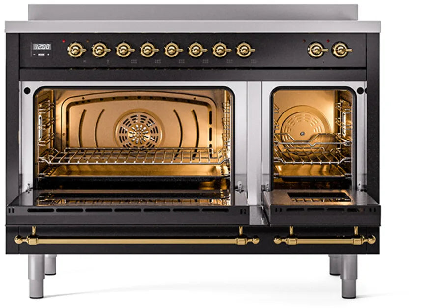 ILVE Nostalgie II 48 " Electric Range, Glossy Black, Brass Trim UPI486QNMPBKG