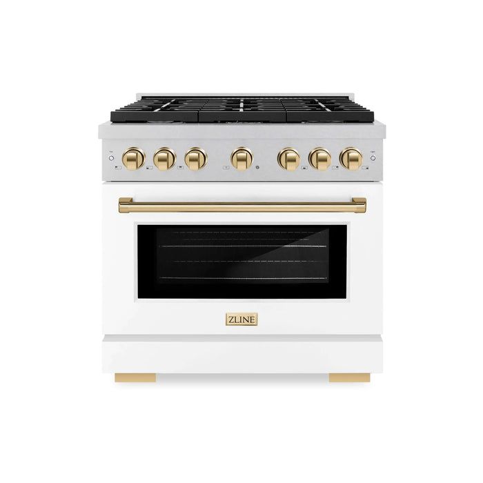 ZLINE 36"Paramount Dual Fuel Range DuraSnow® White Matte, Gold SDRSZ-WM-36-G