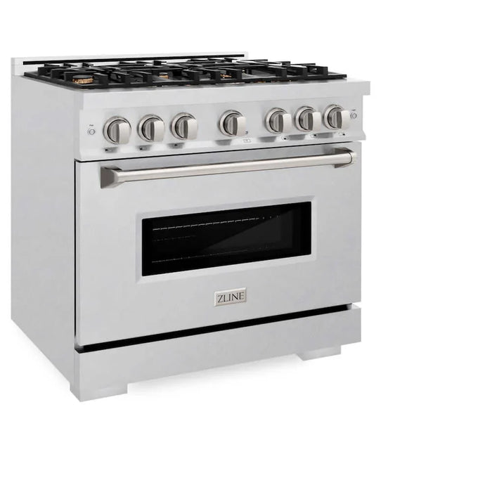 ZLINE 36" Dual Fuel Range, Gas Cooktop, Electric Convection Oven DuraSnow® Stainless Steel, Brass Burners CDRS-BR-36